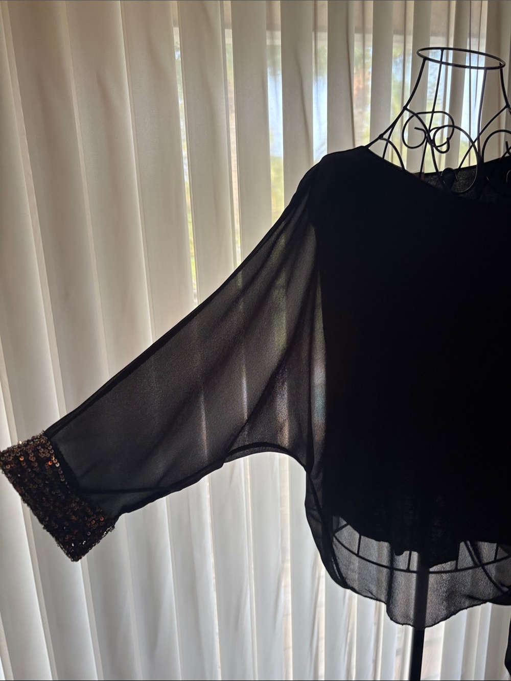 Women's Black Sheer Long-Sleeve Top - Classic Draped Style